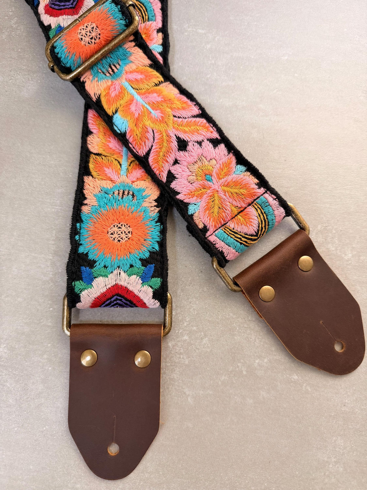 Vibrant Floral Embroidered Black Guitar Strap