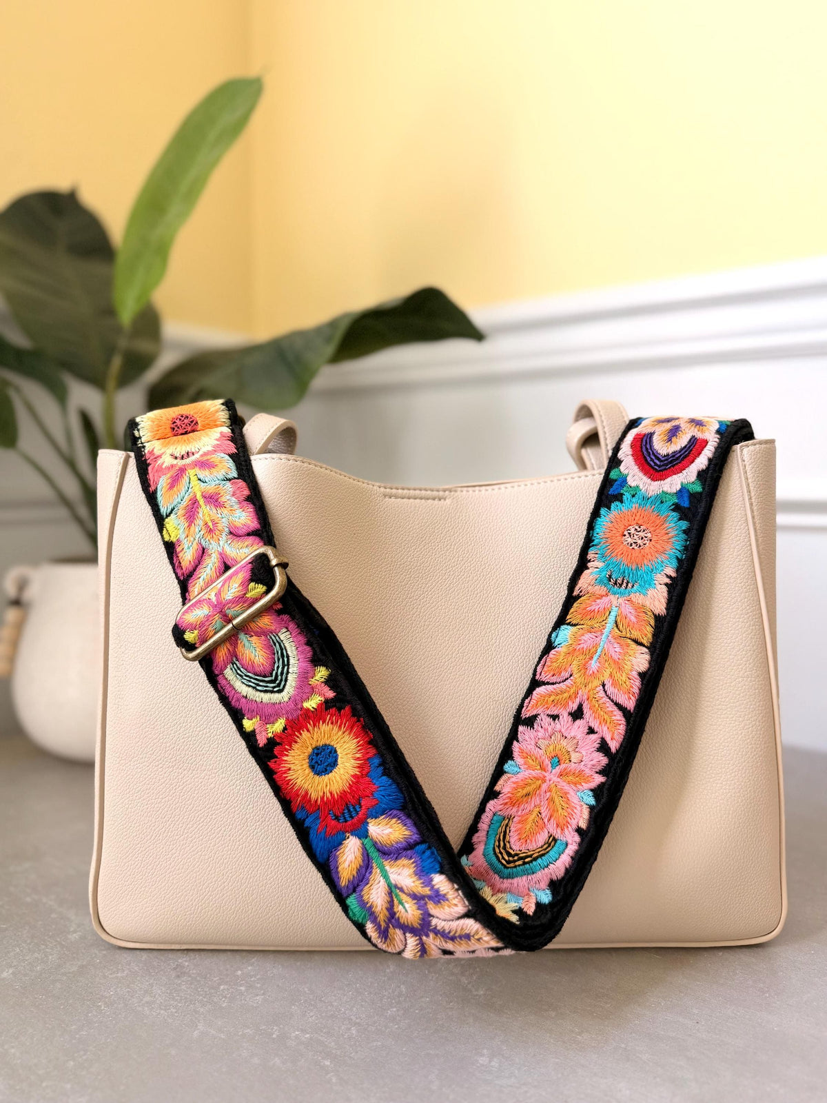 Vibrant Floral Embroidered Black Cotton Bag Strap