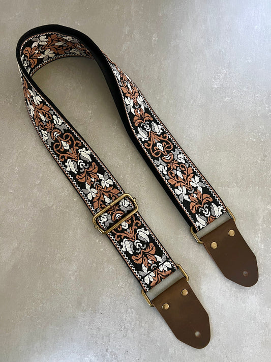 Brown Jacquard Guitar Strap made with Genuine Leather