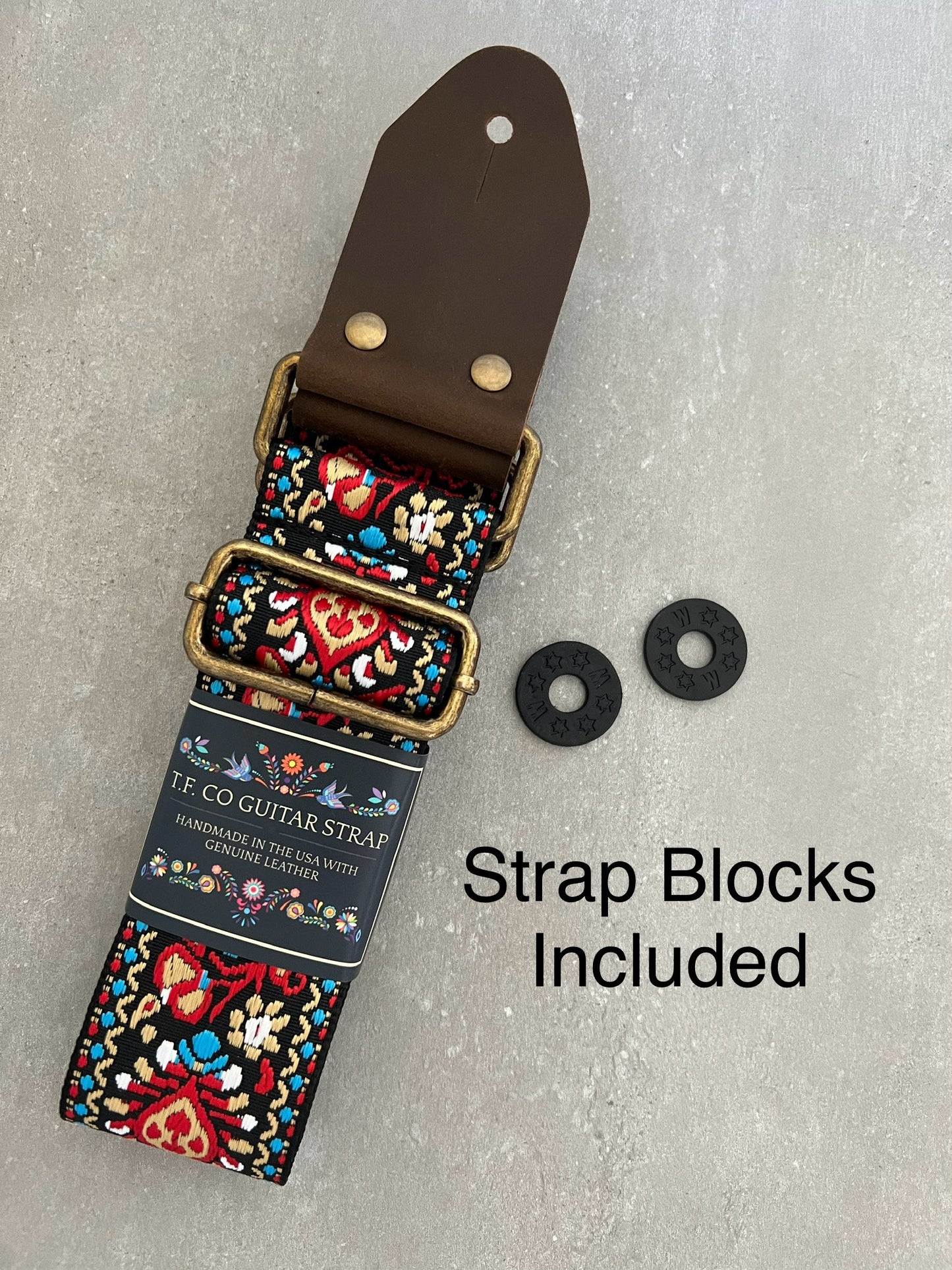 Red Floral Guitar Strap made with Genuine Leather
