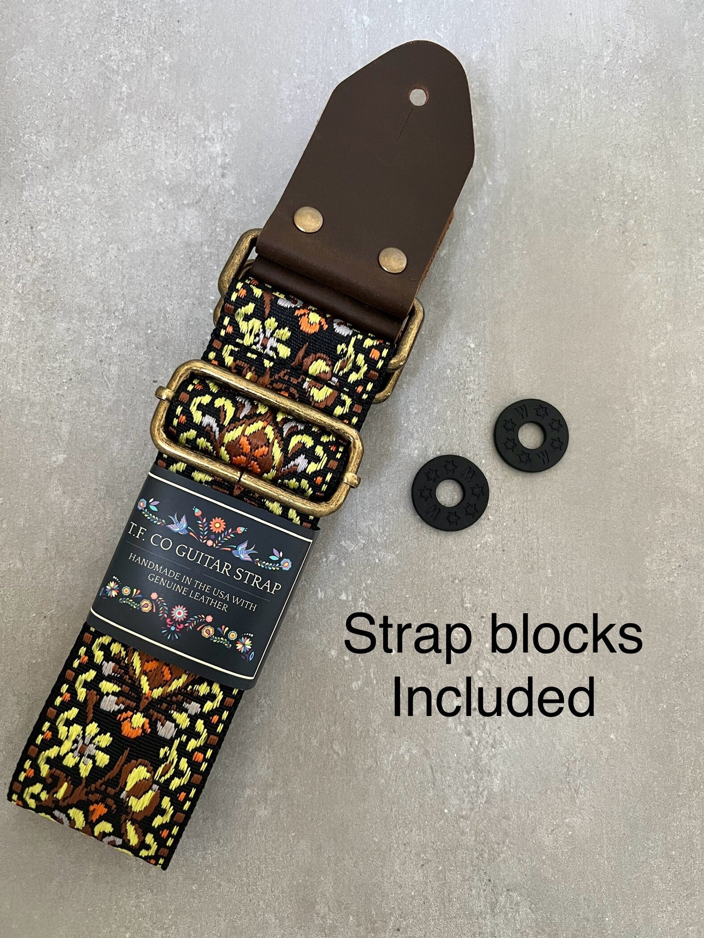 Yellow Floral Guitar Strap made with Genuine Leather