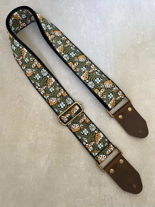 Green Floral Guitar Strap made with Genuine Leather