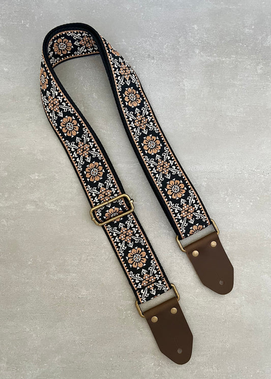 Brown Floral Guitar Strap made with Genuine Leather