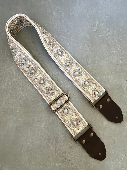 Iridescent Floral & Sequin Guitar Strap with Genuine Leather