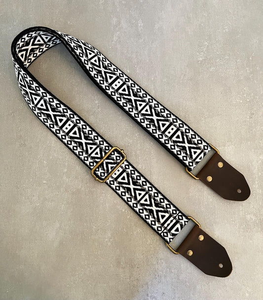 Black & White Guitar Strap made with Genuine Leather