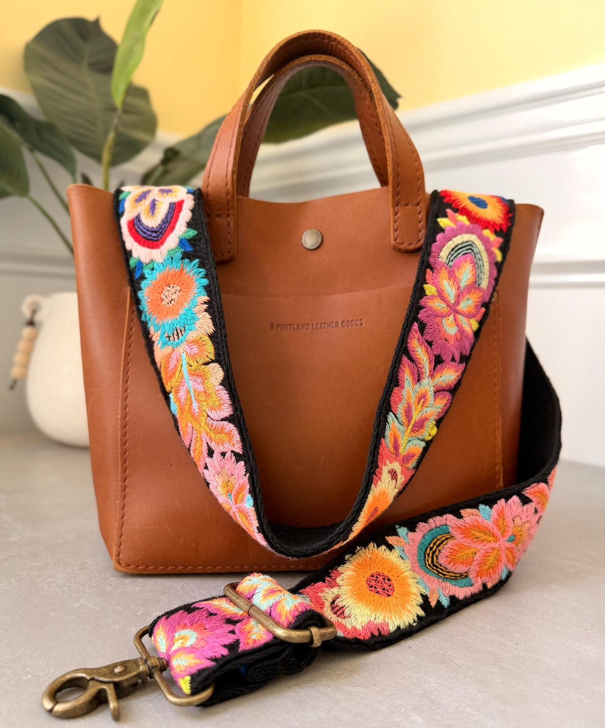 Vibrant Floral Embroidered Black Cotton Bag Strap