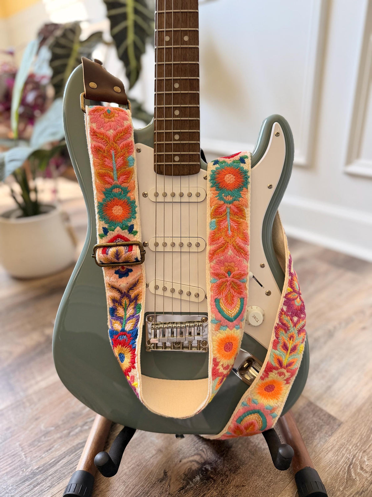 Floral Embroidered Cotton Guitar Strap