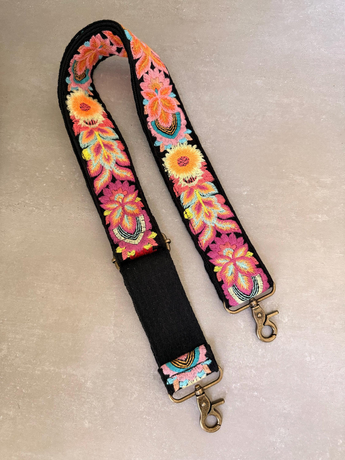 Vibrant Floral Embroidered Black Cotton Bag Strap