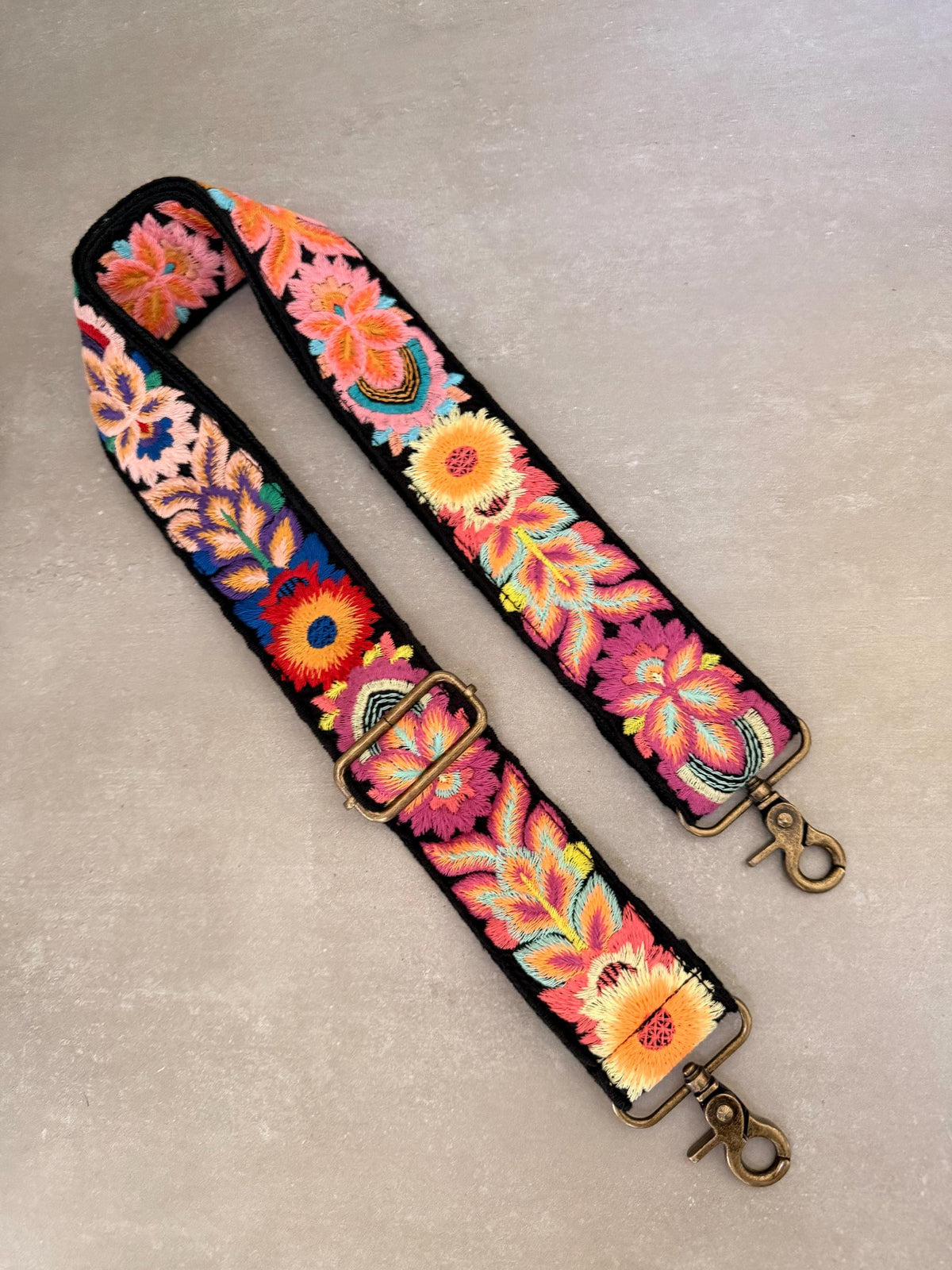 Vibrant Floral Embroidered Black Cotton Bag Strap