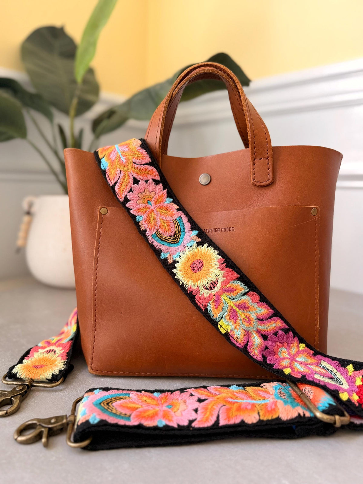 Vibrant Floral Embroidered Black Cotton Bag Strap