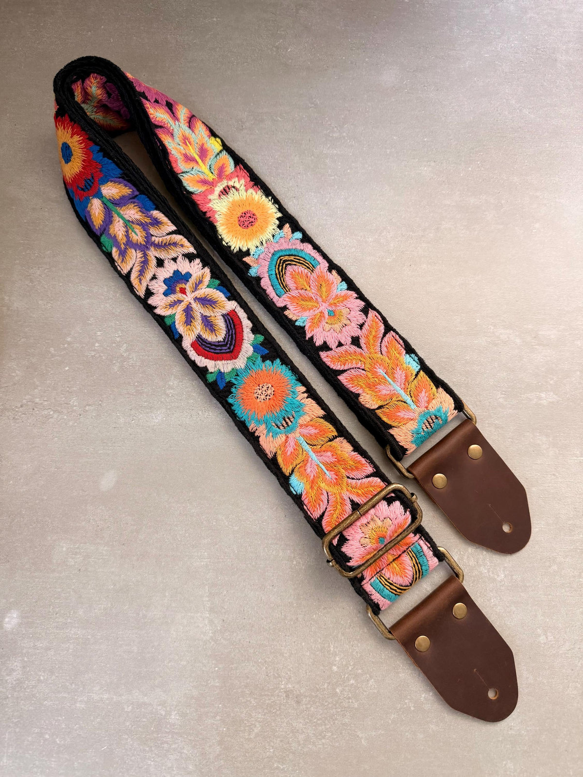 Vibrant Floral Embroidered Black Guitar Strap
