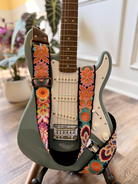 Vibrant Floral Embroidered Black Guitar Strap