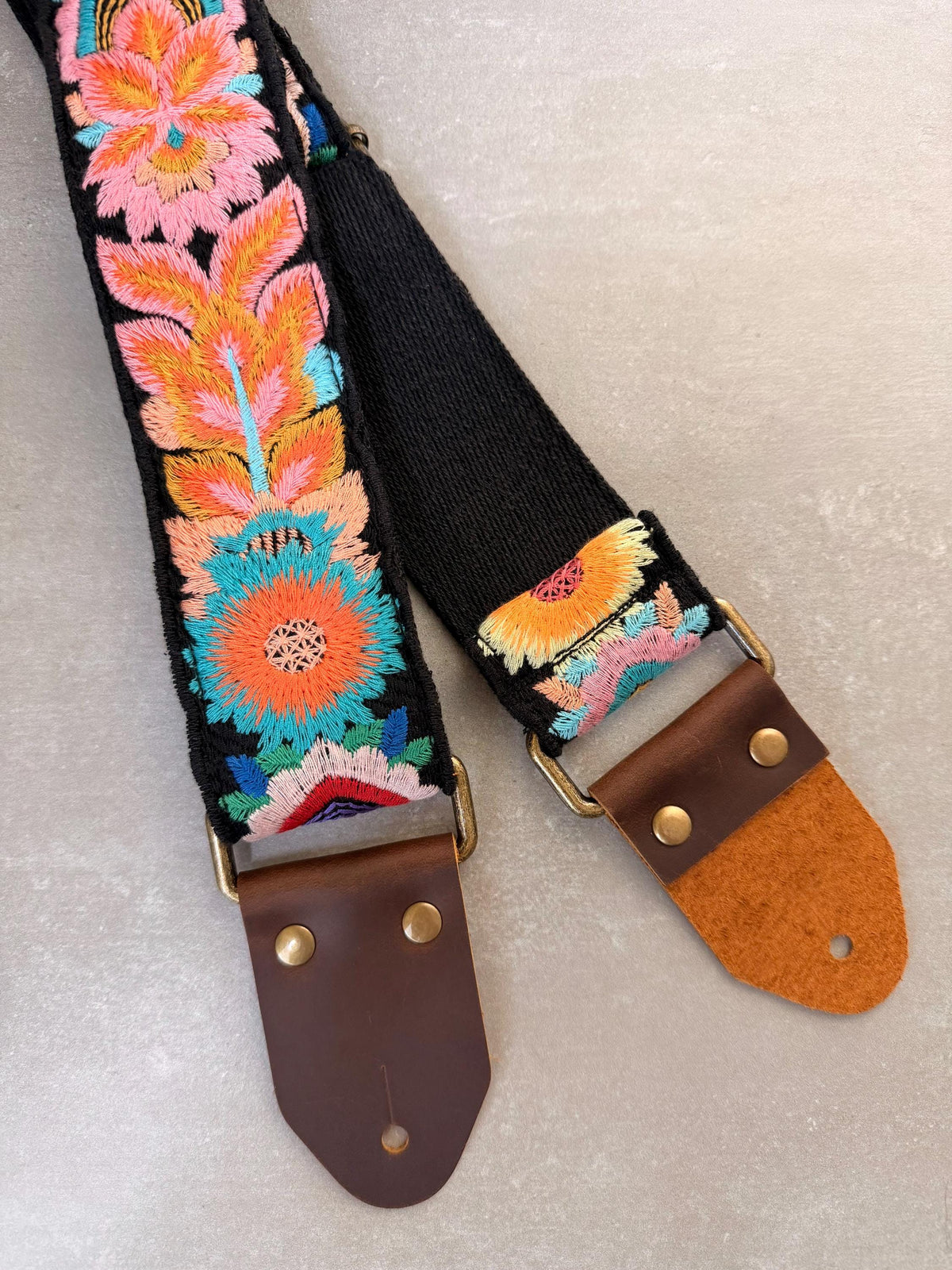 Vibrant Floral Embroidered Black Guitar Strap