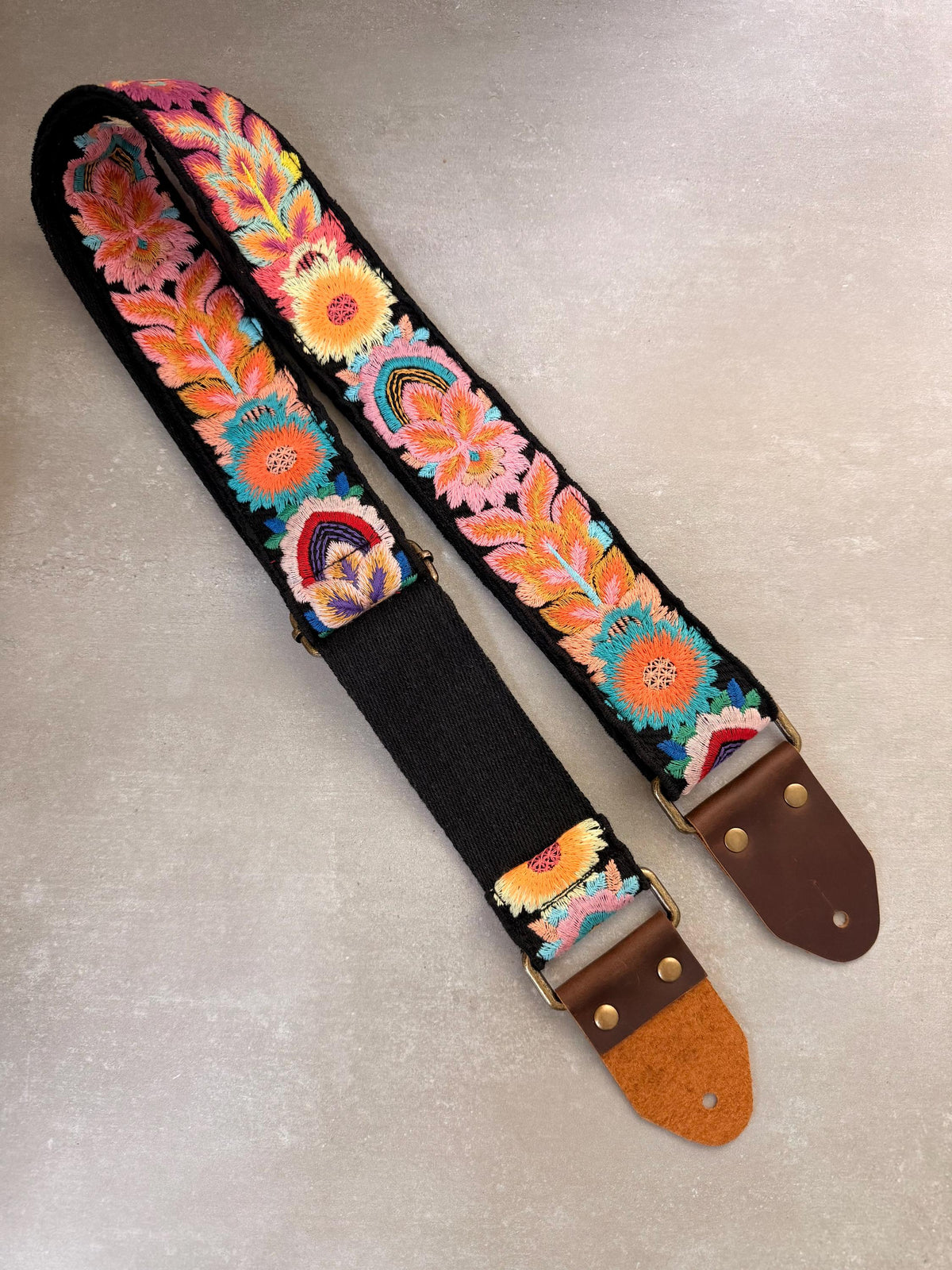Vibrant Floral Embroidered Black Guitar Strap