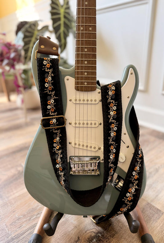 Black Velvet Floral Guitar Strap