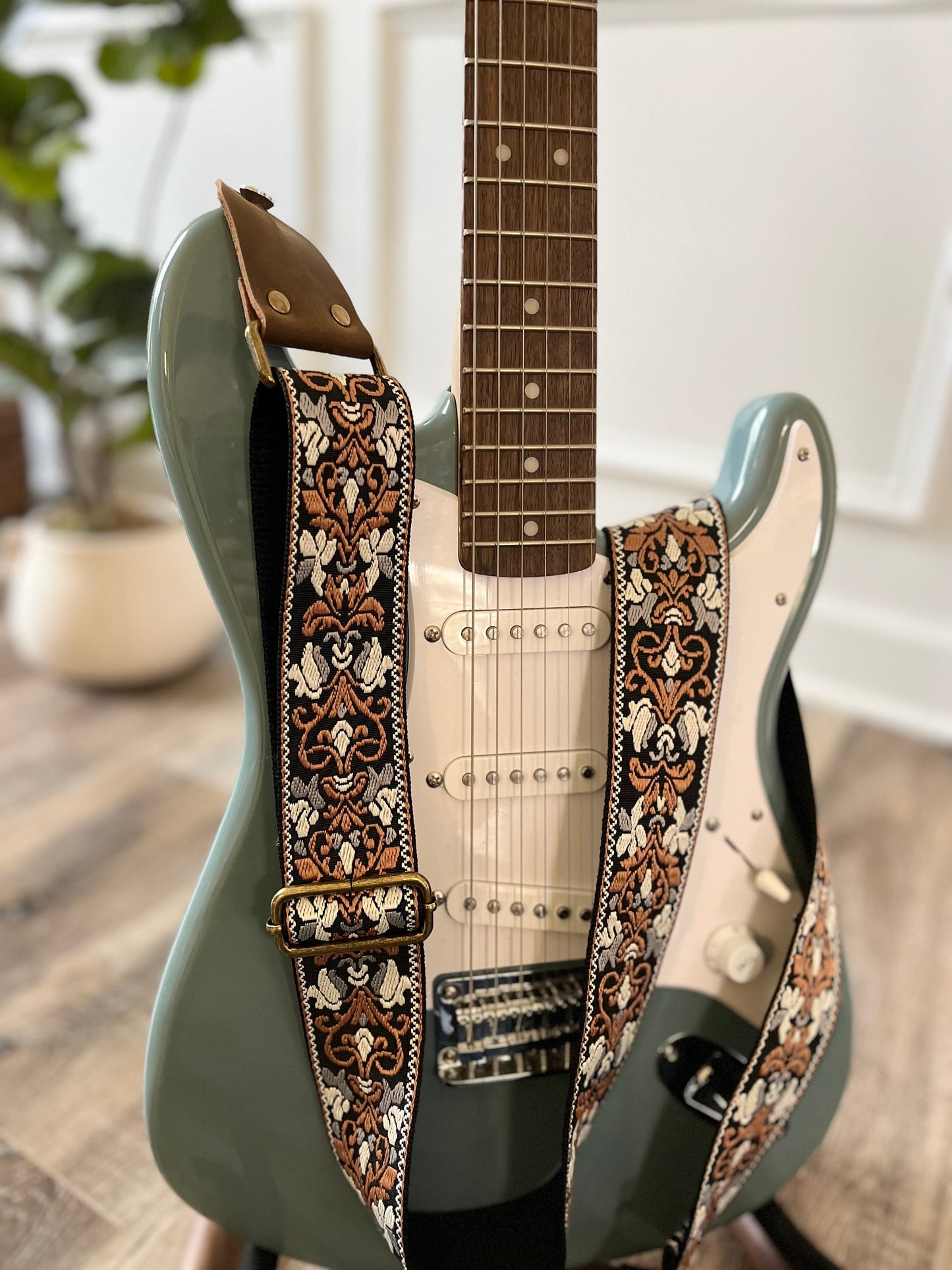 Brown Jacquard Guitar Strap made with Genuine Leather