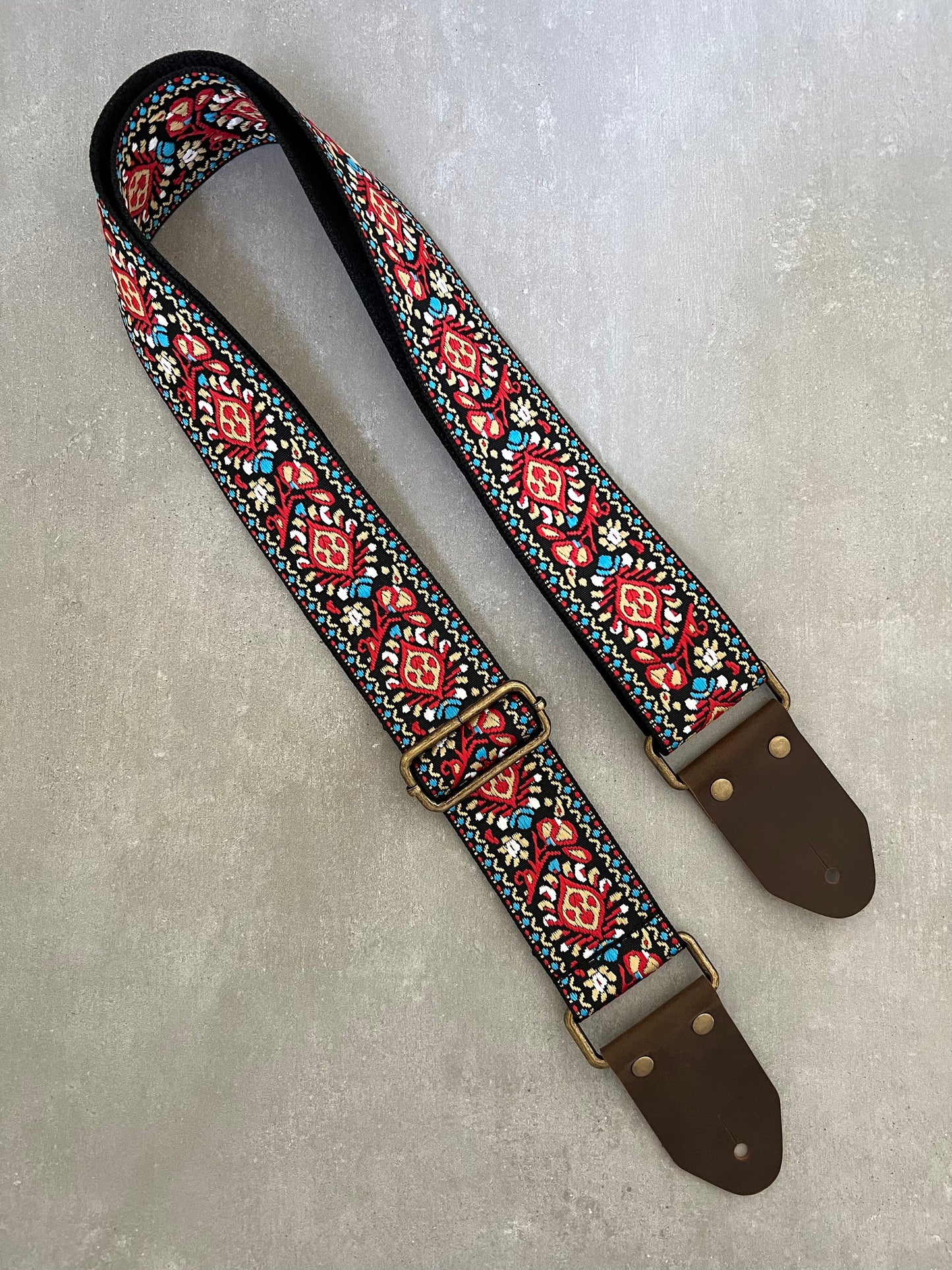 Red Floral Guitar Strap made with Genuine Leather