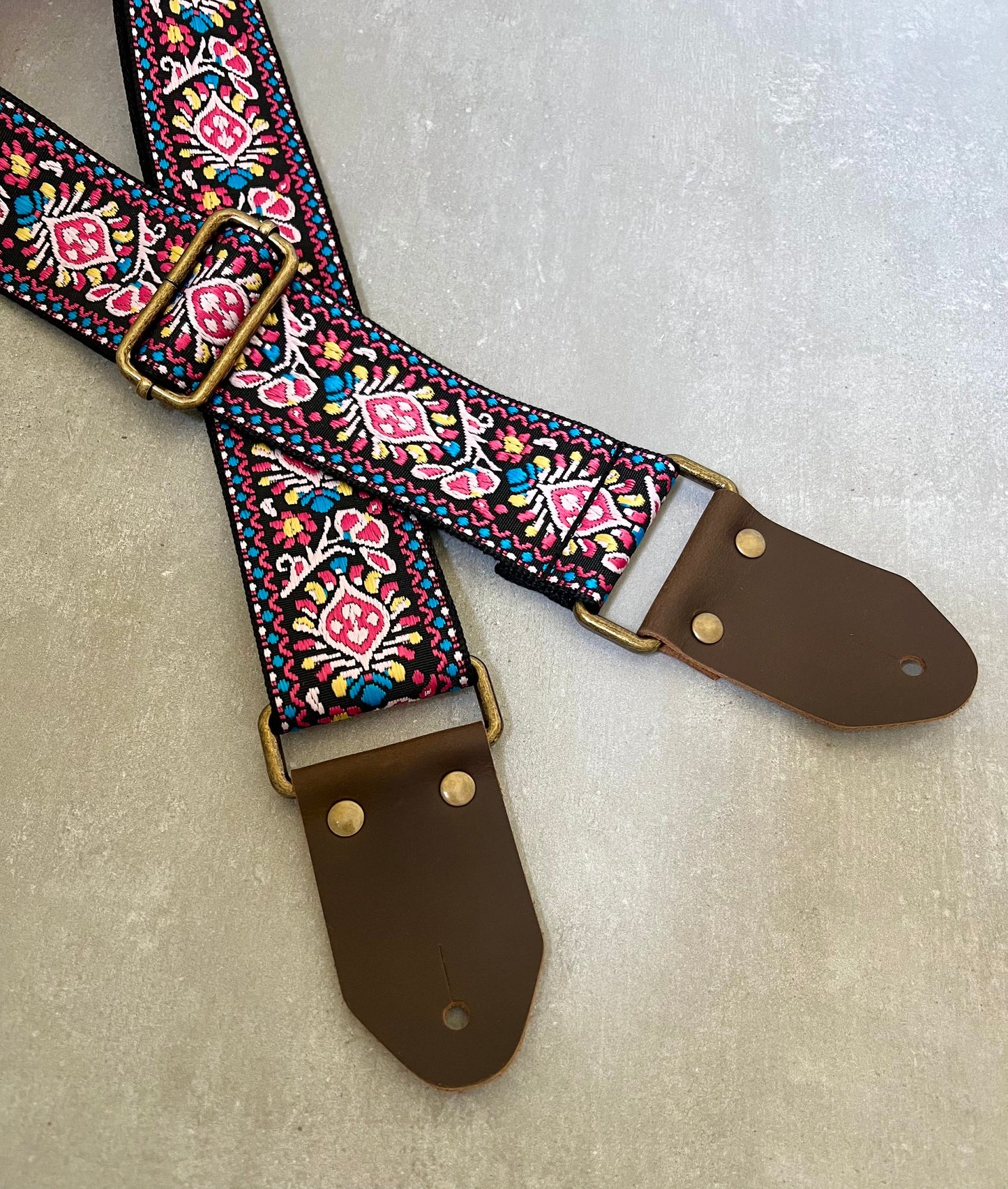 Pink Floral Guitar Strap made with Genuine Leather