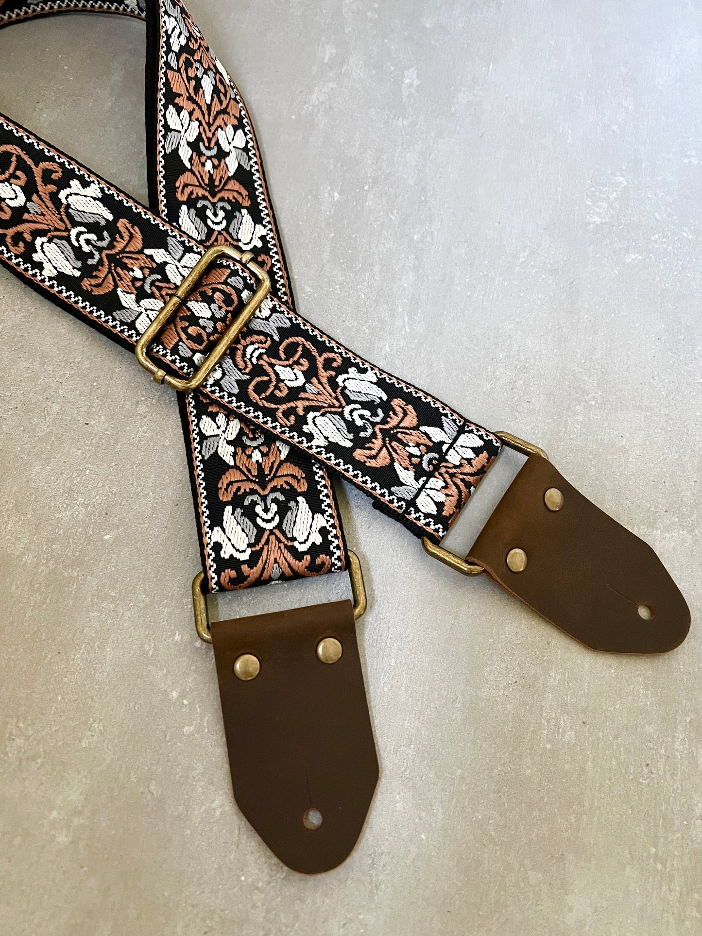 Brown Jacquard Guitar Strap made with Genuine Leather