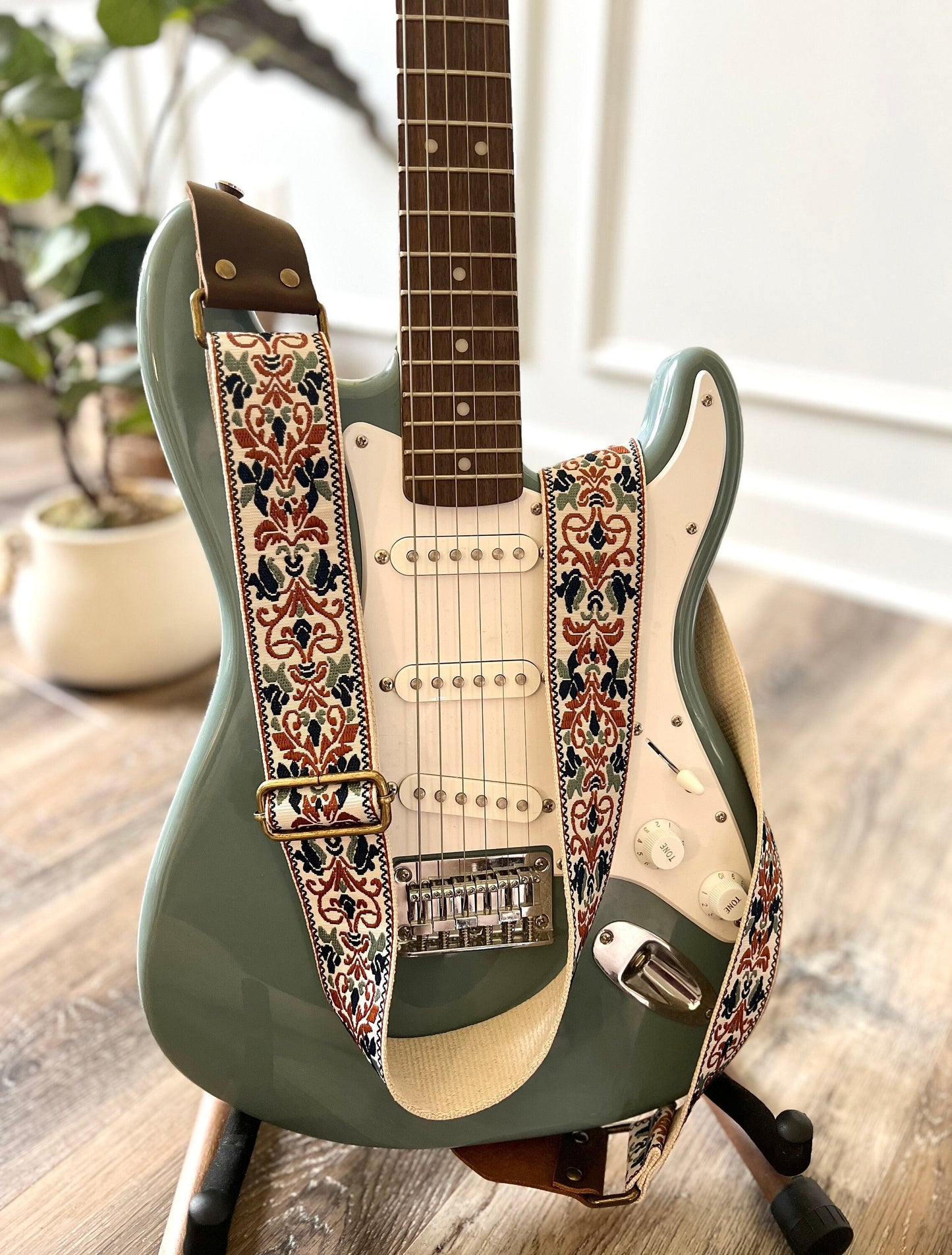 Beige & Blues Guitar Strap made with Genuine Leather