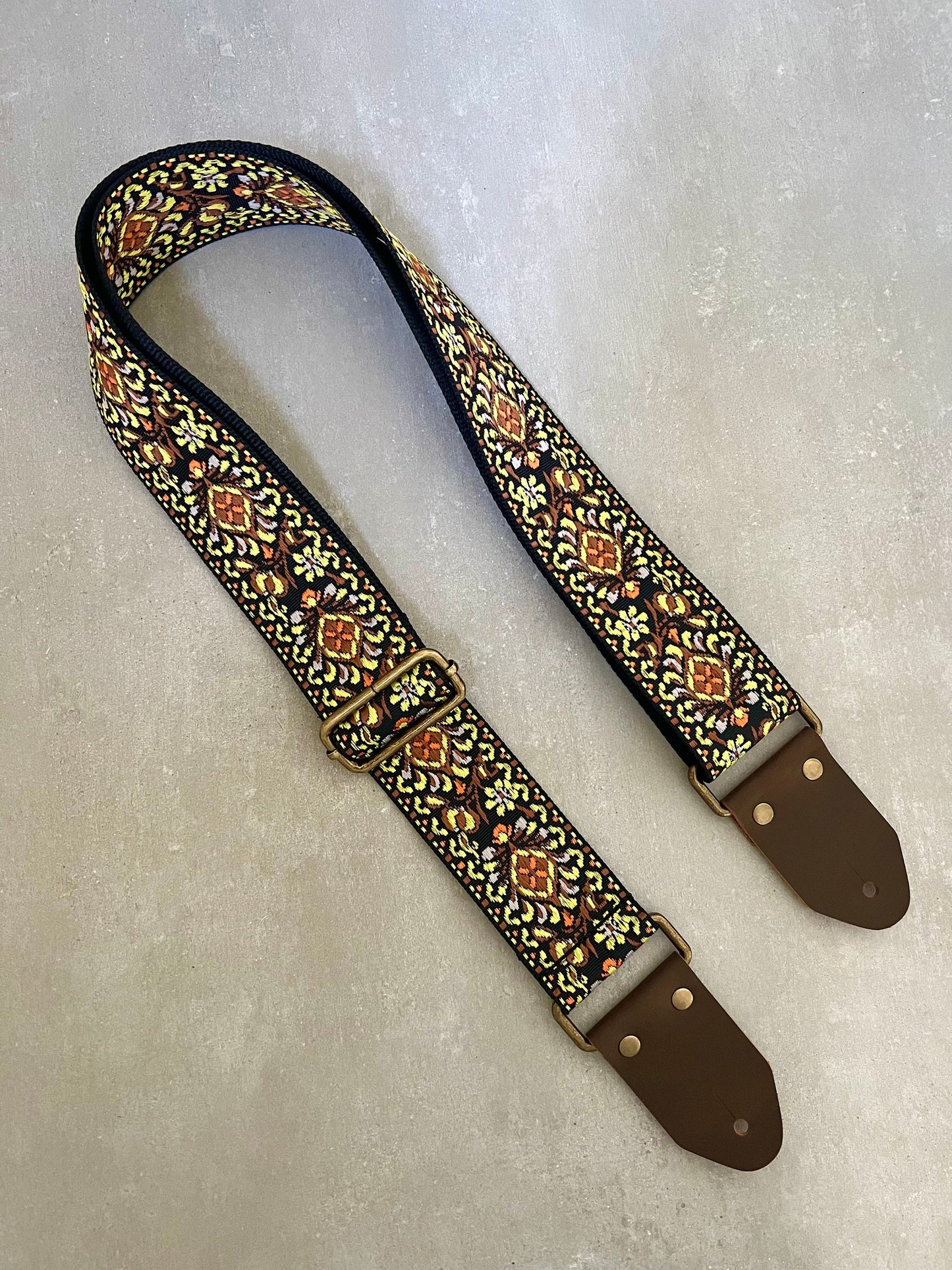 Yellow Floral Guitar Strap made with Genuine Leather