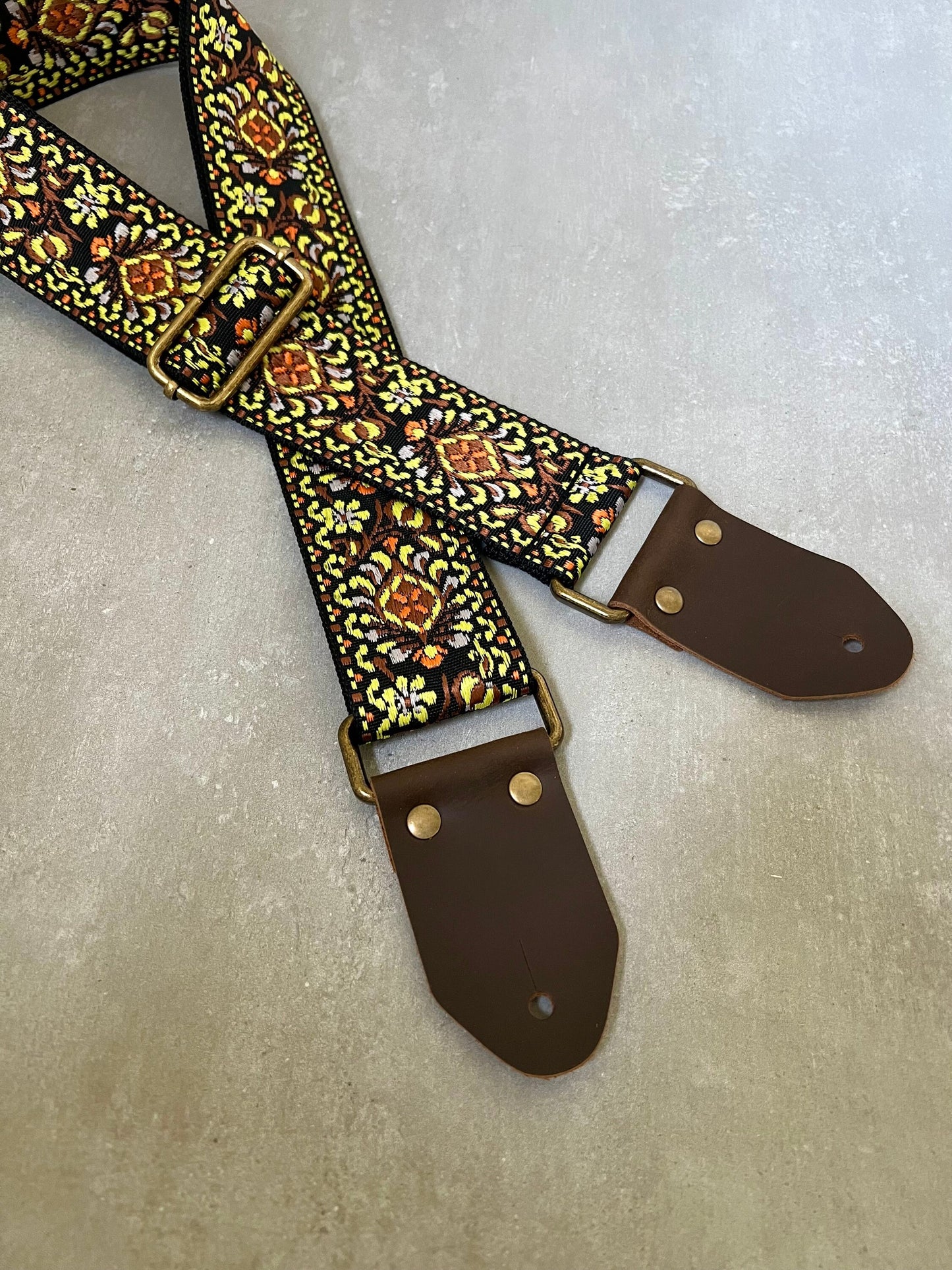 Yellow Floral Guitar Strap made with Genuine Leather