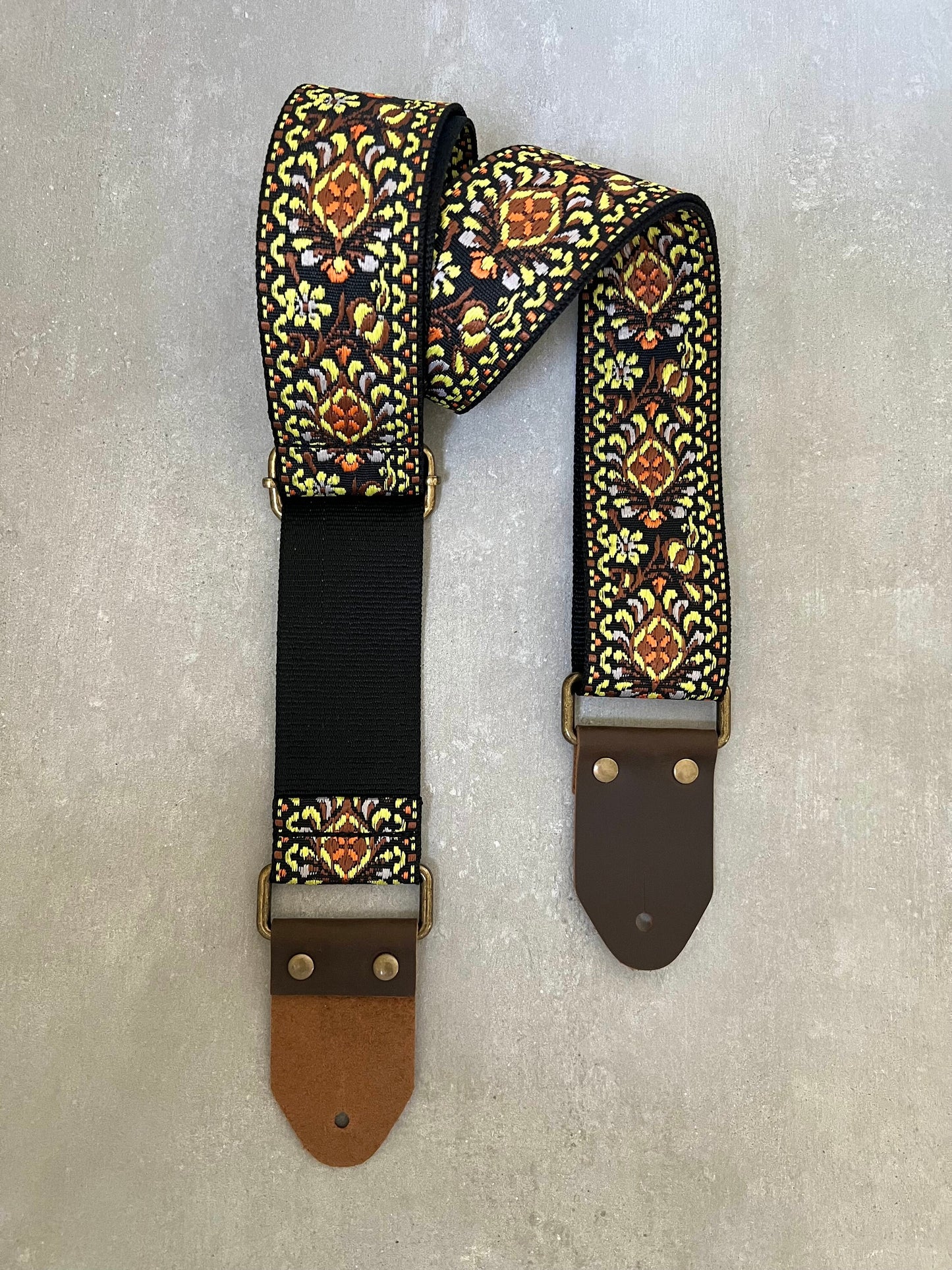 Yellow Floral Guitar Strap made with Genuine Leather