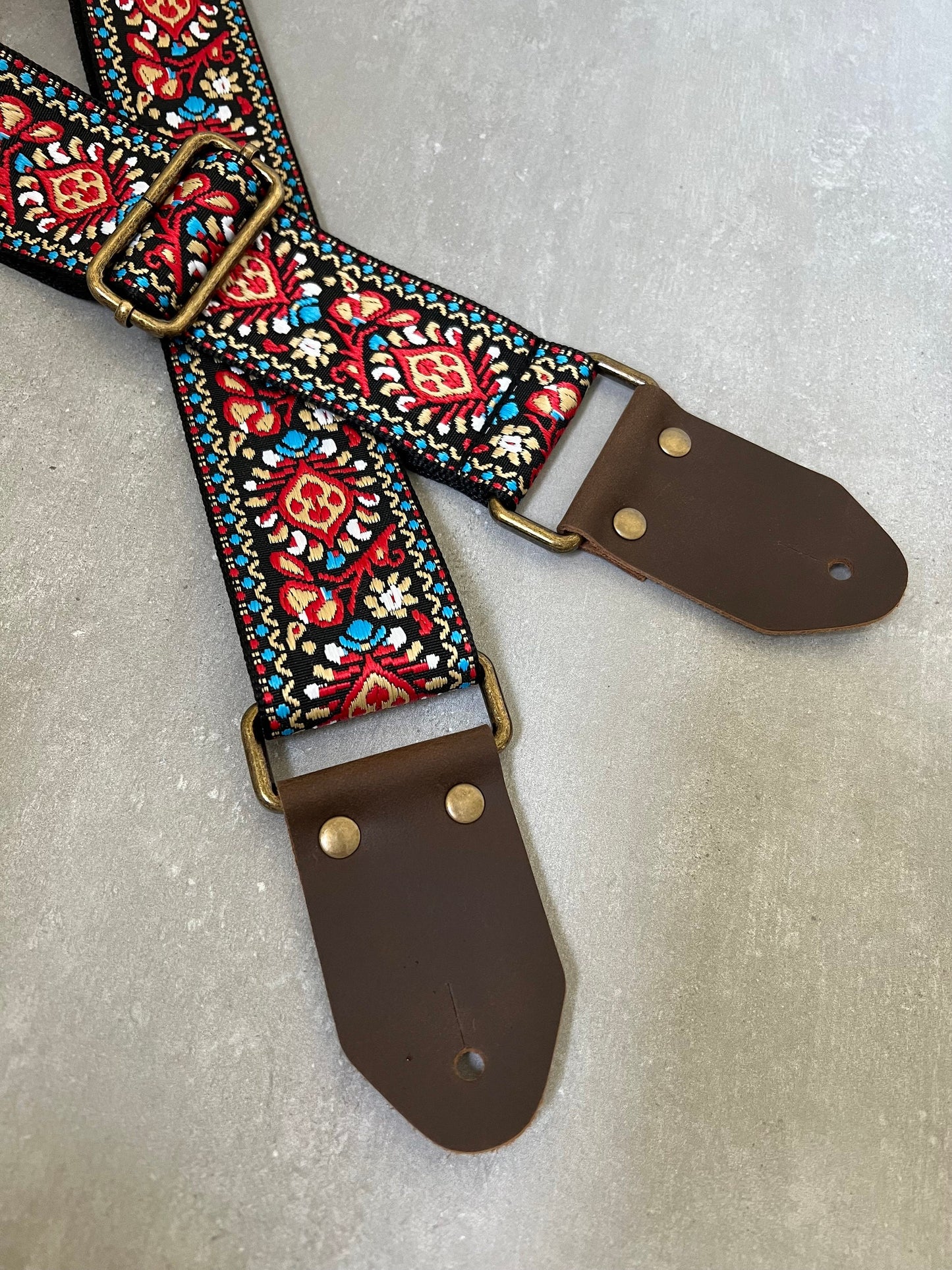 Red Floral Guitar Strap made with Genuine Leather