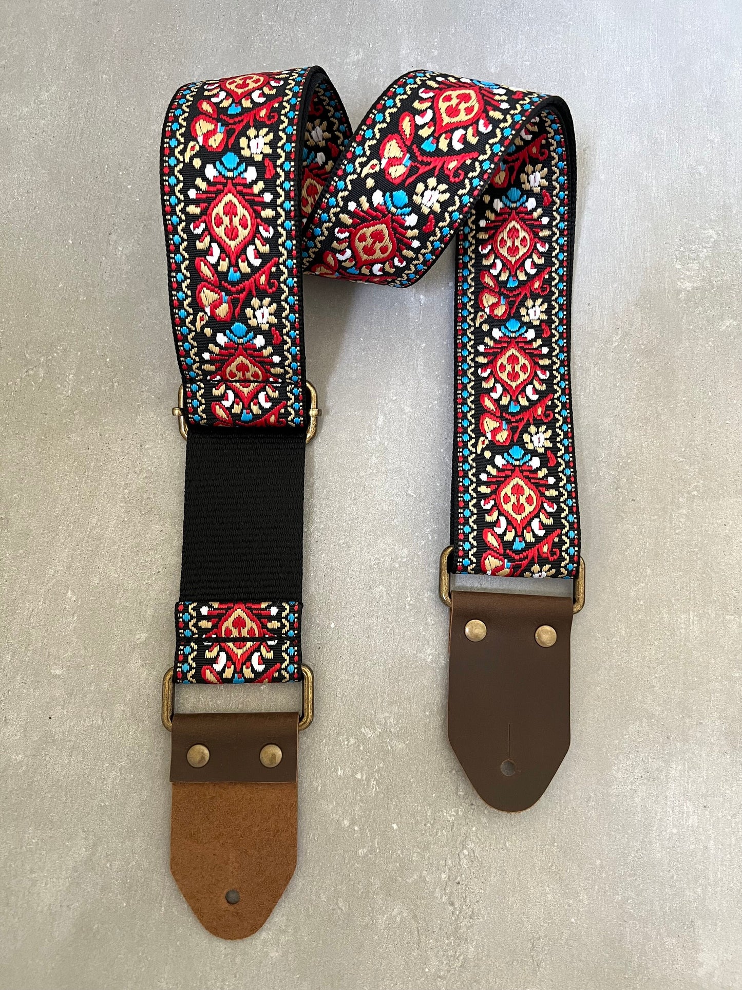 Red Floral Guitar Strap made with Genuine Leather