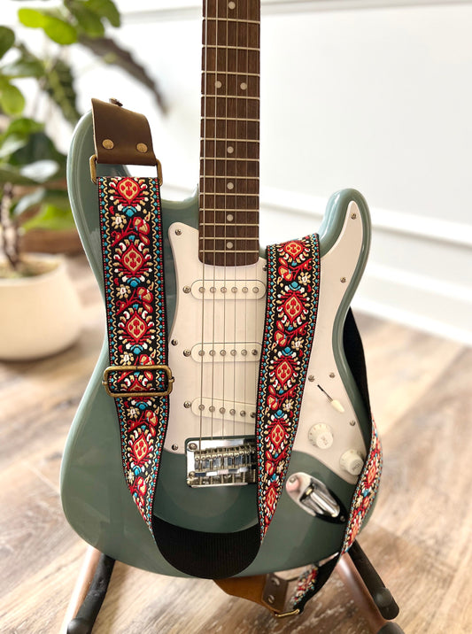Red Floral Guitar Strap made with Genuine Leather
