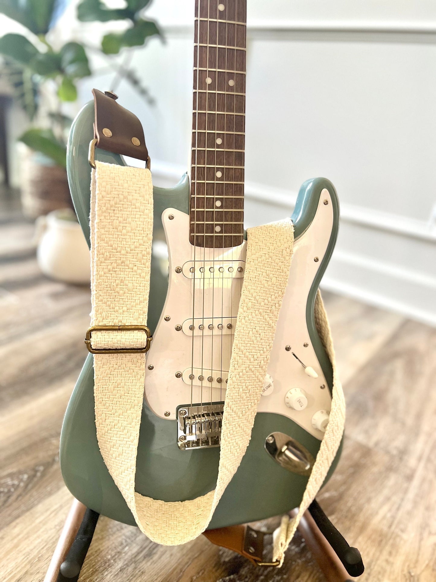Woven Cotton Guitar Strap made with Genuine Leather