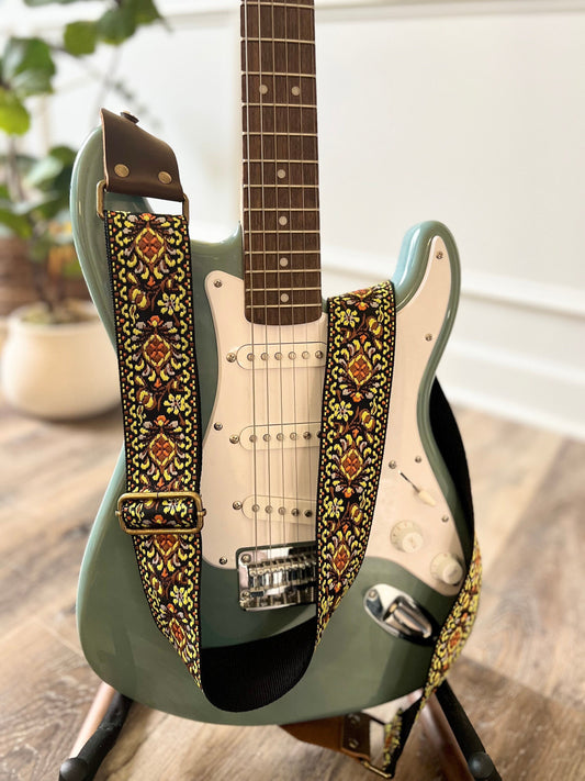 Yellow Floral Guitar Strap made with Genuine Leather