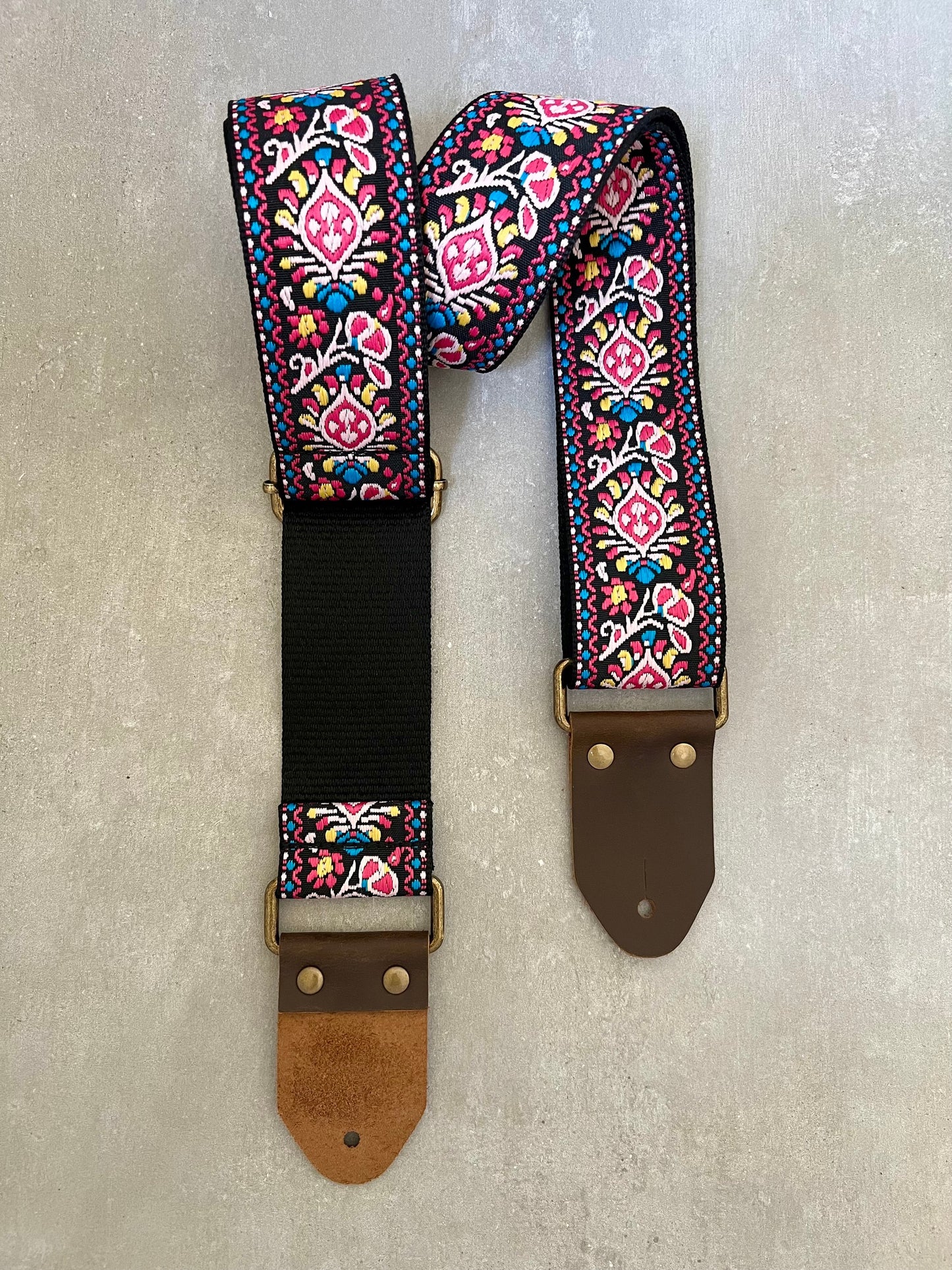 Pink Floral Guitar Strap made with Genuine Leather