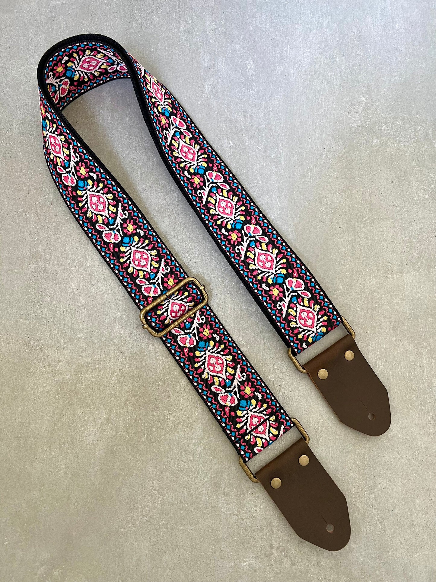 Pink Floral Guitar Strap made with Genuine Leather