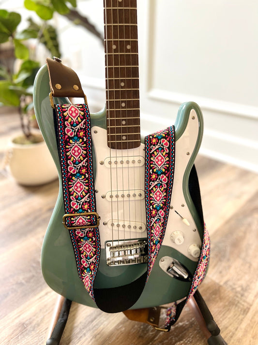 Pink Floral Guitar Strap made with Genuine Leather