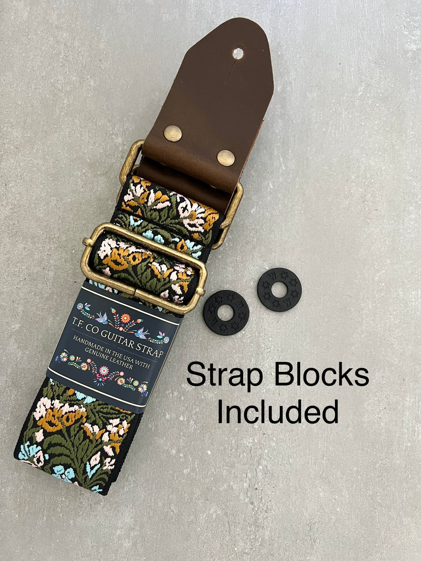 Green Floral Guitar Strap made with Genuine Leather