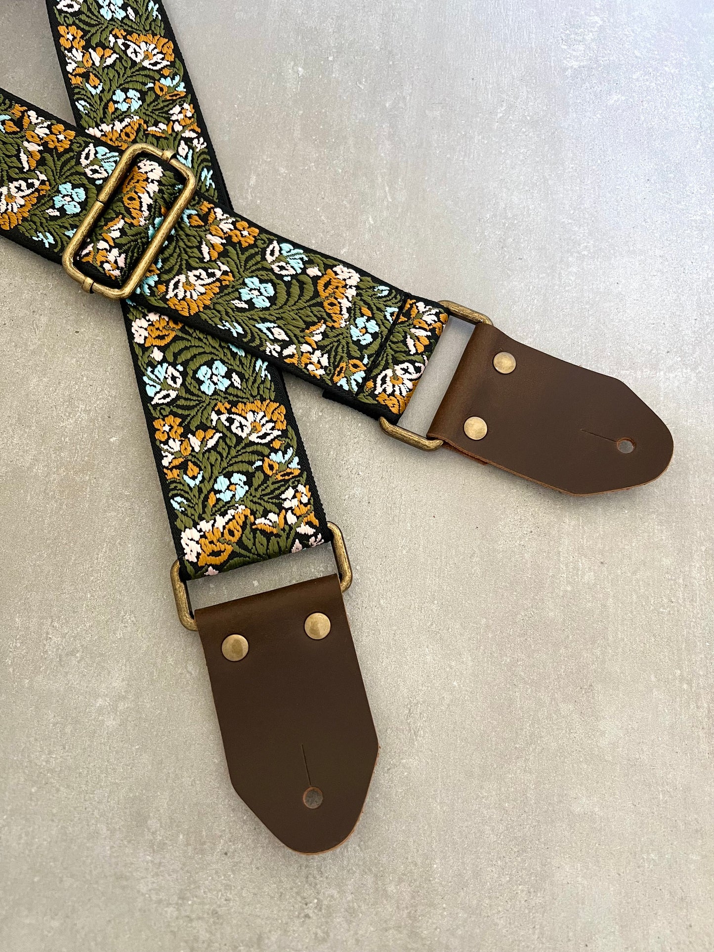 Green Floral Guitar Strap made with Genuine Leather