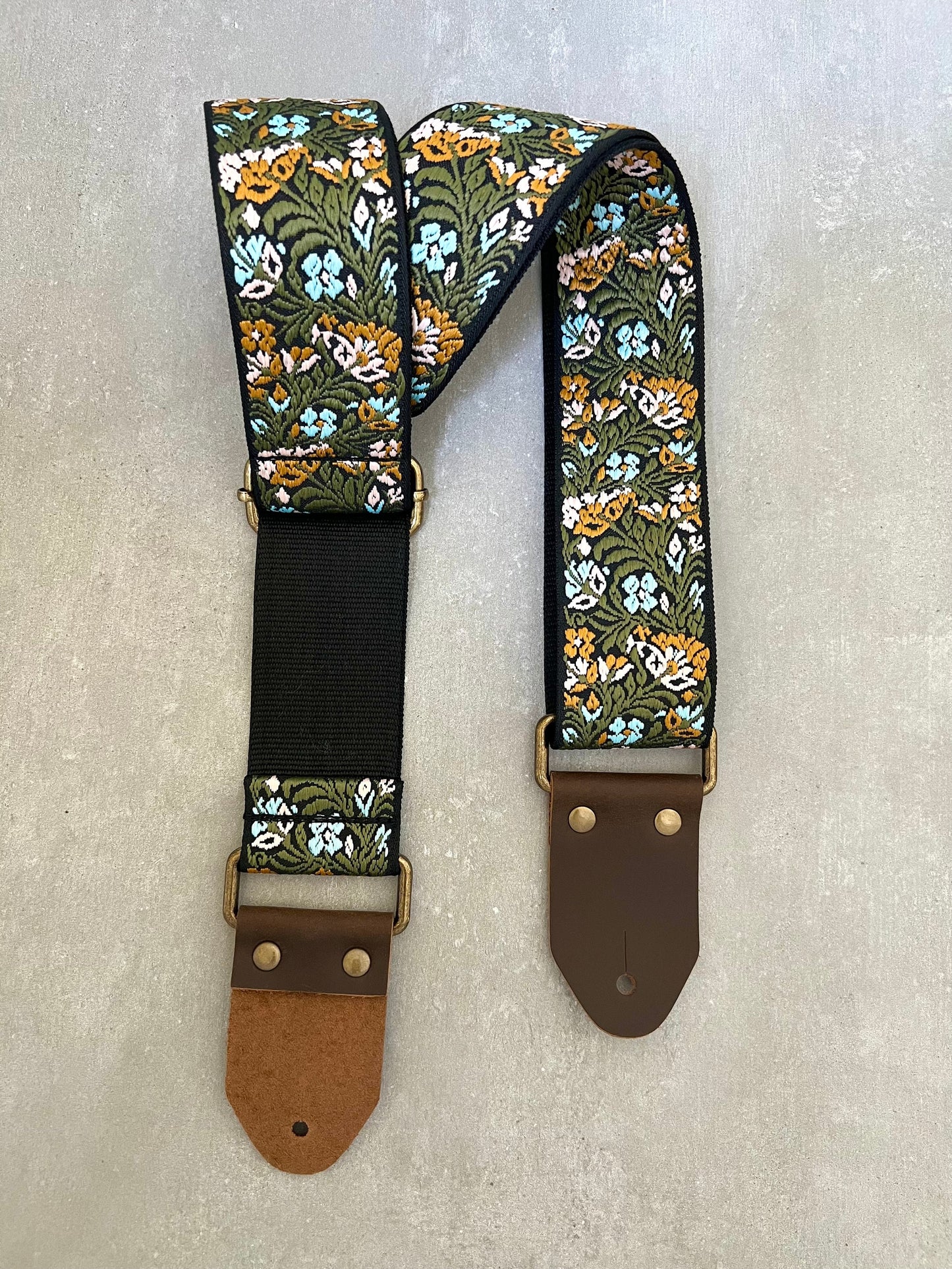 Green Floral Guitar Strap made with Genuine Leather