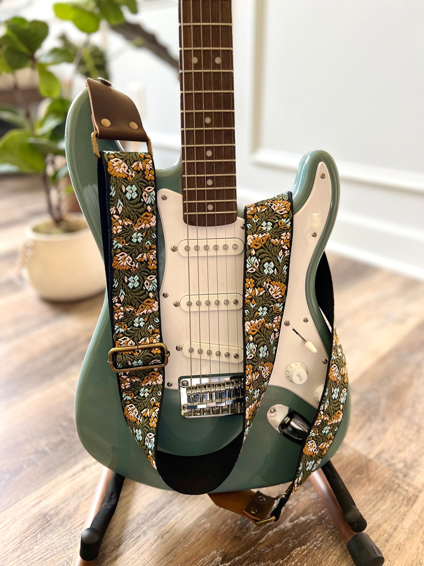 Green Floral Guitar Strap made with Genuine Leather