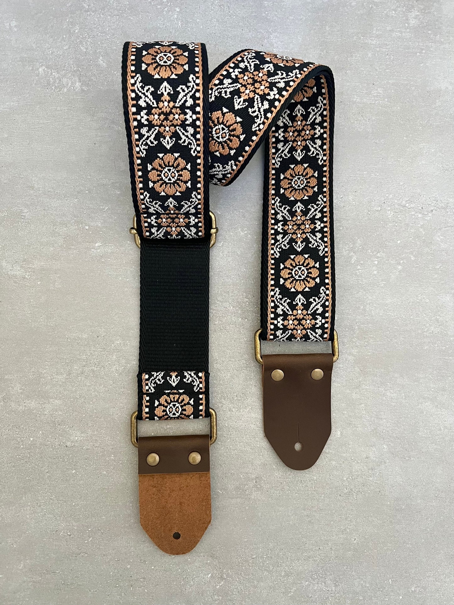 Brown Floral Guitar Strap made with Genuine Leather