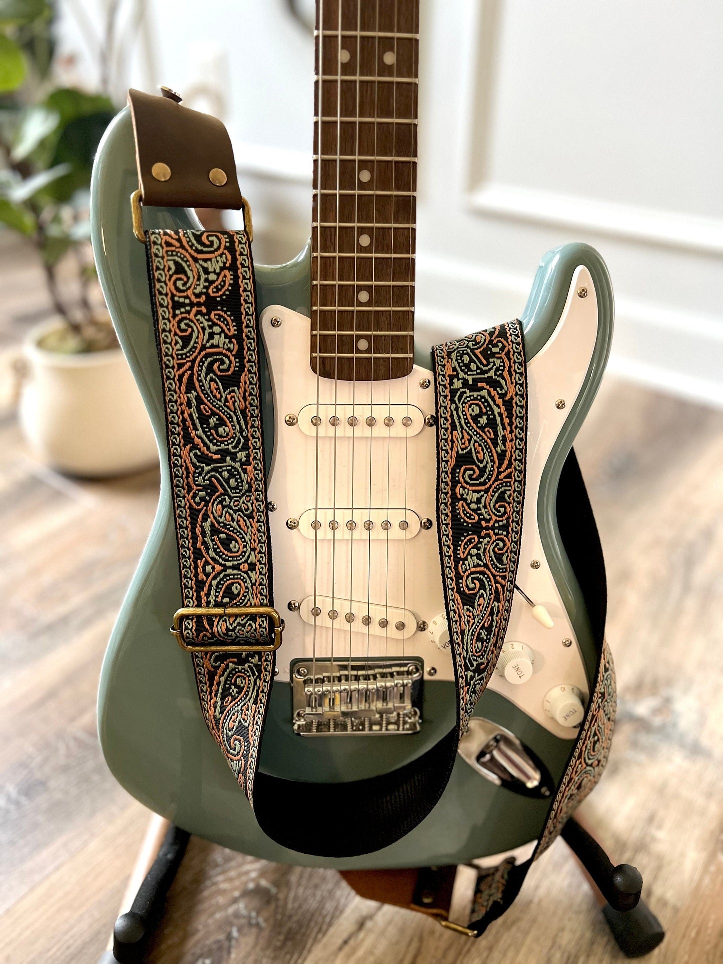 Paisley Guitar Strap made with Genuine Leather