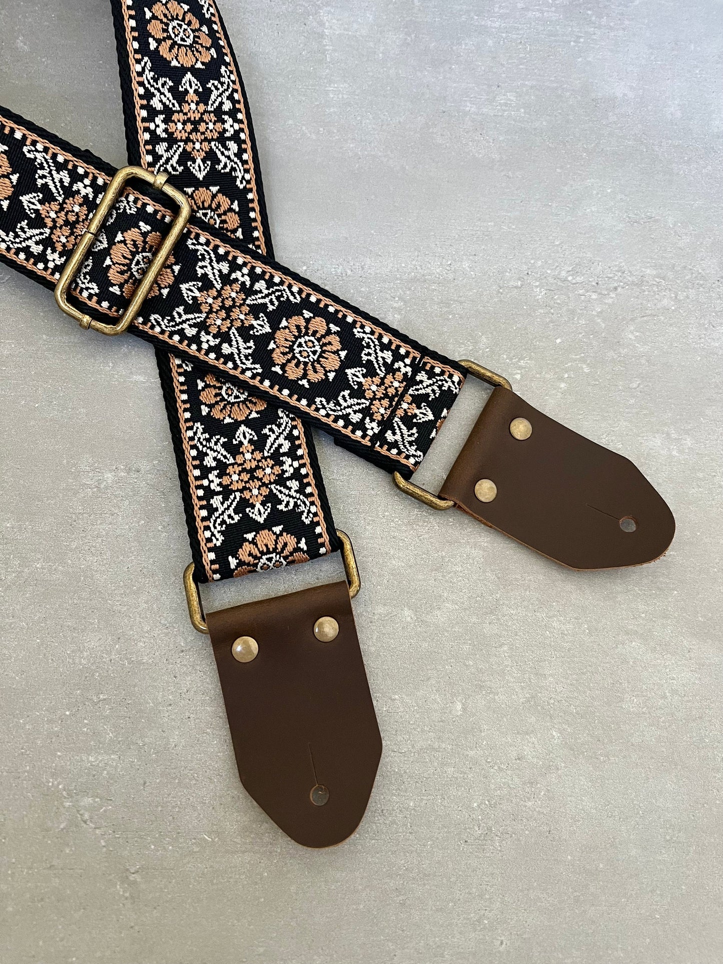 Brown Floral Guitar Strap made with Genuine Leather