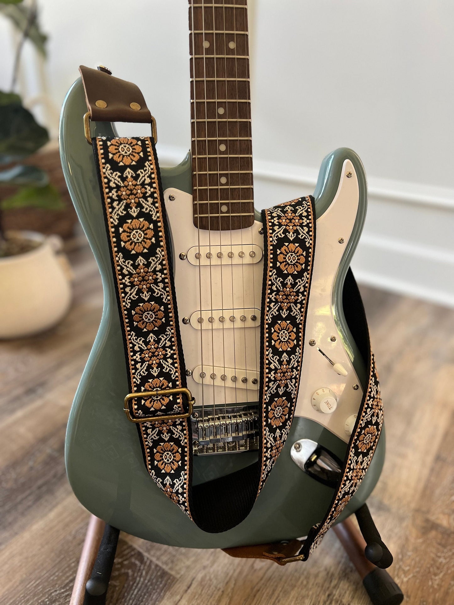 Brown Floral Guitar Strap made with Genuine Leather
