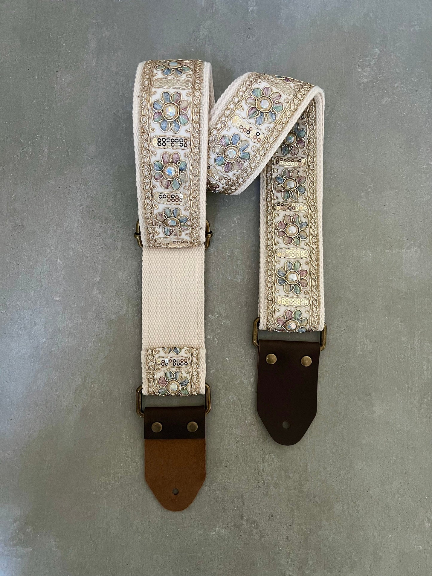 Iridescent Floral & Sequin Guitar Strap with Genuine Leather