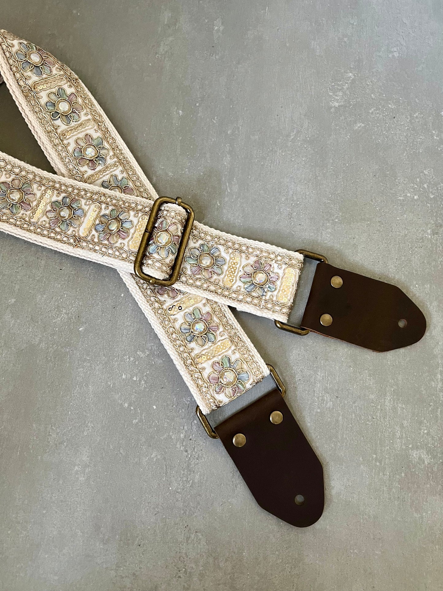 Iridescent Floral & Sequin Guitar Strap with Genuine Leather