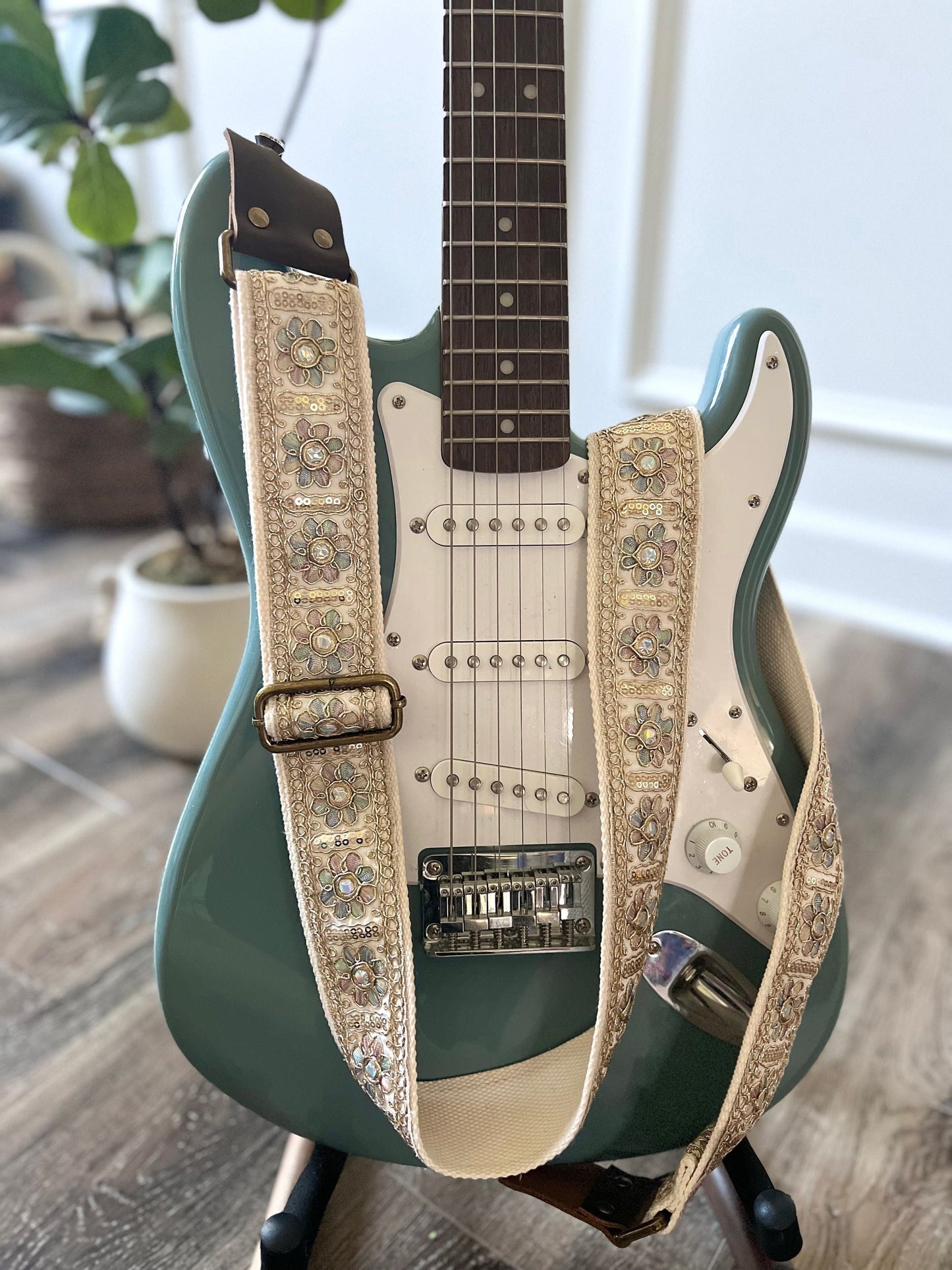 Iridescent Floral & Sequin Guitar Strap with Genuine Leather