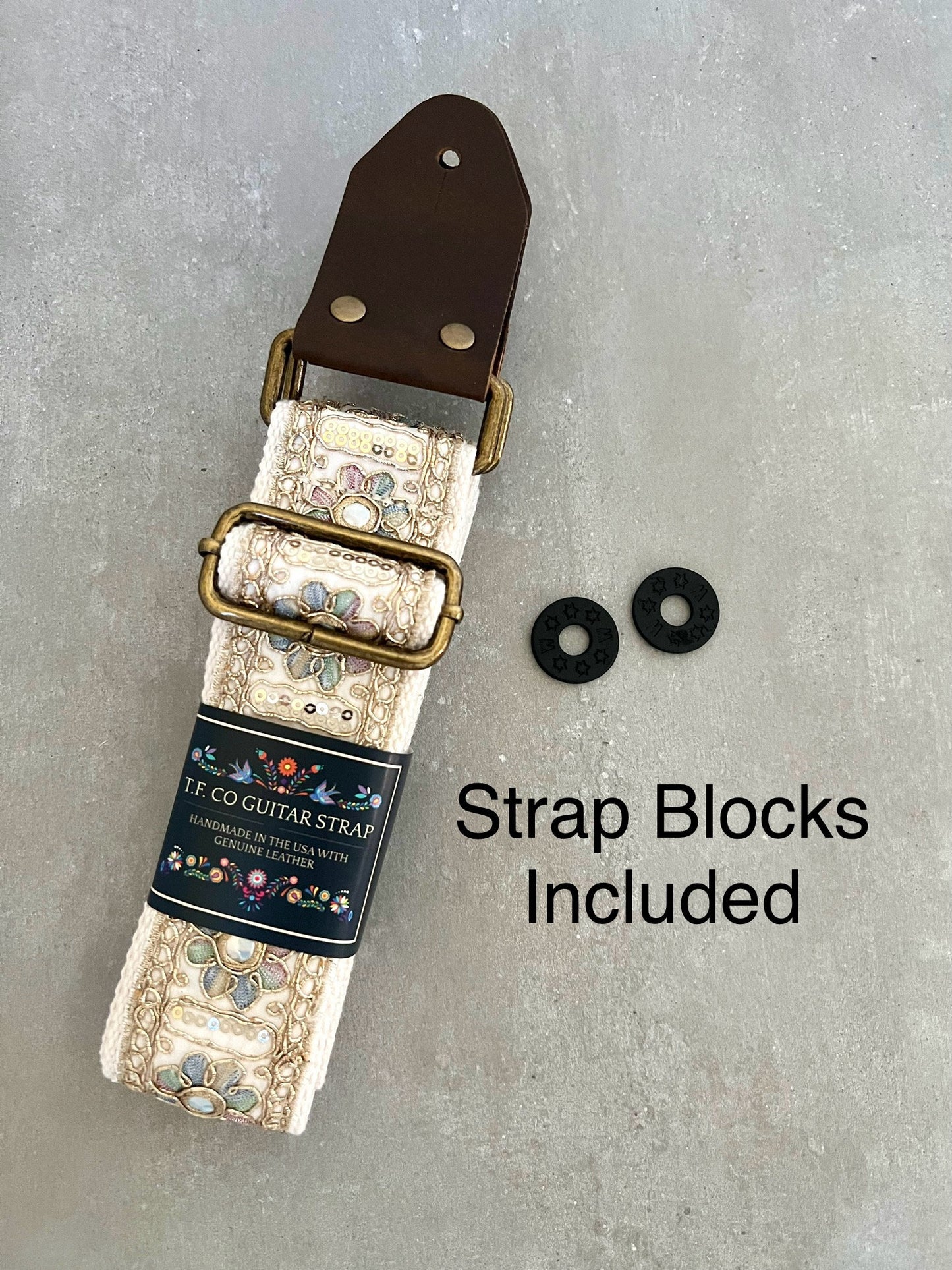 Iridescent Floral & Sequin Guitar Strap with Genuine Leather